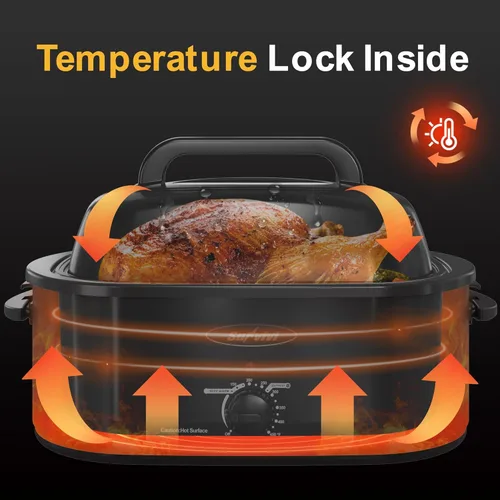 Miniatura 2 de Sunvivi Horno Asador Eléctrico de 26 Cuartos de Galón para Pavo con Tapa, Asadores Eléctricos con Bandeja Extraíble, Asador Grande, Tapa Visible