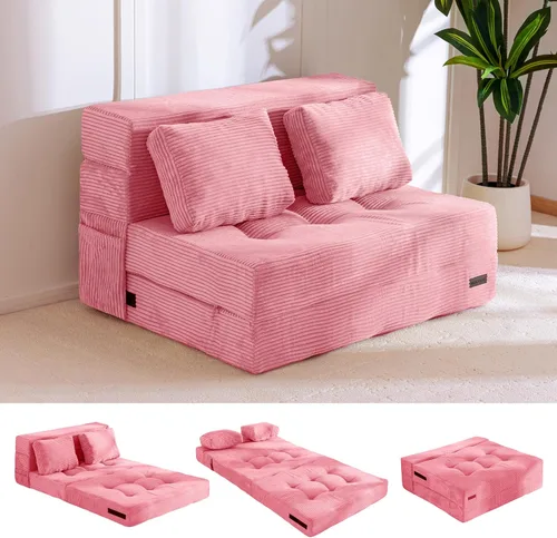MAXYOYO Sofá Cama Convertible, Sofá Cama Plegable con Almohada, Sofá Cama Plegable Acolchado 4 en 1, Sofá Cama de Espuma para el Piso, Silla Rosa