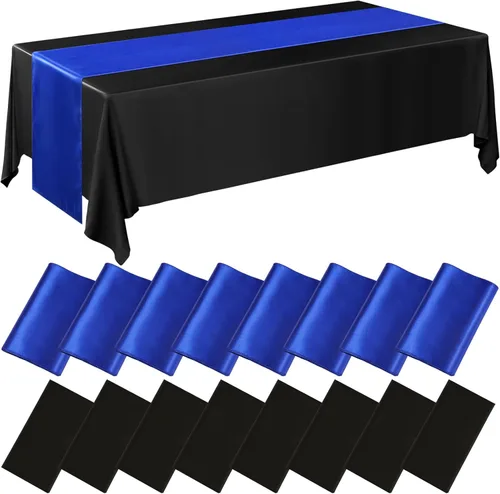 Miniatura 9 de Tudomro 16 piezas de manteles de plástico desechables negros y rosa fuerte y juego de camino de mesa de satén 54 x 108 pulgadas Mantel 12 x 108