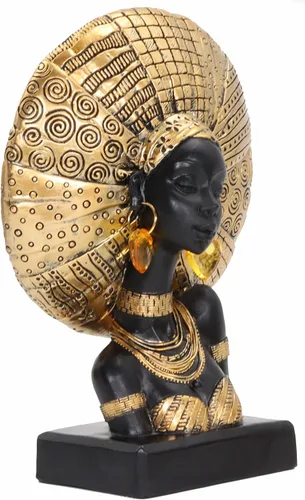 Miniatura 15 de Lescafita Escultura de mujer africana con tocado de flor dorada, figura de resina negra y dorada para decoración del hogar, elegante estatua de dama