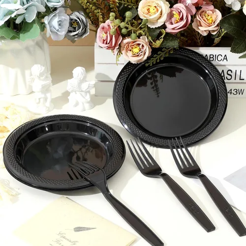 Miniatura 4 de Hushee 600 platos de postre de plástico negro de 6 pulgadas con tenedores de 7 pulgadas para aperitivo de pastel, 300 platos pequeños desechables