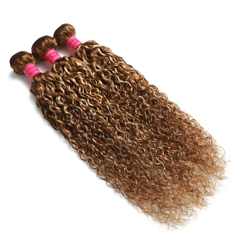 Miniatura 2 de Borchan Paquetes de Cabello Humano Ondulado Water Wave 4/27, Paquetes Rubios con Mechas, Cabello Virgen Brasileño de 14 16 18 Pulgadas, Trama