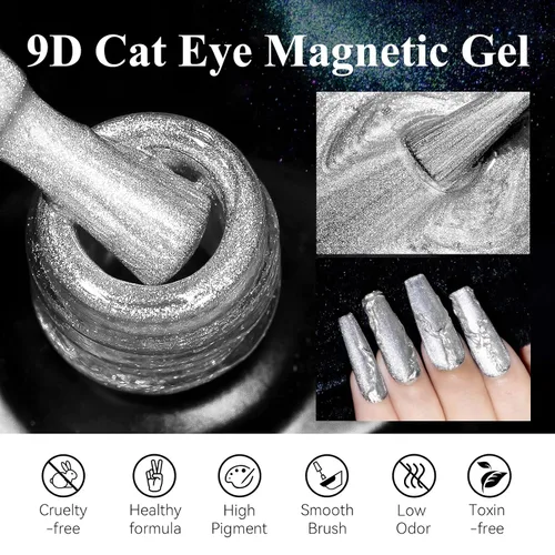 Miniatura 2 de MIZHSE Esmalte de uñas en gel 9D de ojo de gato, esmalte en gel magnético plateado con barra magnética, efecto galaxia mágico con destellos y brillo