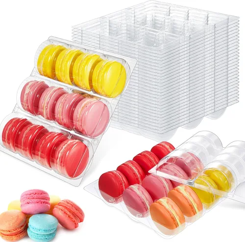 Miniatura 7 de Sherr 12 cajas de macarrones de plástico transparente para macarrones, bandejas de almacenamiento de macarrones, bandejas para galletas, bodas