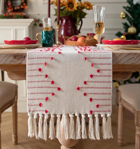 Miniatura 14 de Camino de Mesa Navideño de 13 x 108 Pulgadas de Largo, Algodón Natural Tejido con Borlas para Decoraciones Navideñas del Hogar y Comedor, para Rojo