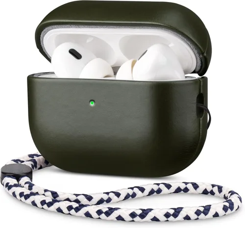 Miniatura 18 de Maogoam Funda de cuero genuino para AirPods Pro 2, botón de sincronización, diseño de clip en D con cordón de mano, funda de cuero encerado