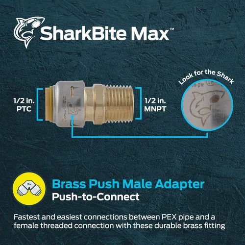 Miniatura 2 de SharkBite Max Adaptador MNPT de 1/2 pulgada, conexión a presión, accesorio de plomería de latón, tubo PEX, cobre, CPVC, PE-RT, HDPE, UR120A