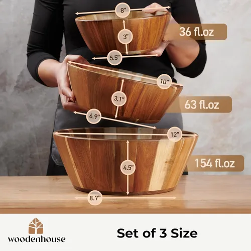 Miniatura 2 de Woodenhouse Juego de 3 cuencos de madera, ensaladera de madera, diseño redondo, grande, para servir, hecho a mano, duradero y elegante, accesorio
