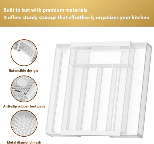 Miniatura 3 de Sedegn Organizador de utensilios de cocina expandible – Bandeja de cubiertos ajustable de 9.6 a 16.1 pulgadas con 5 – 7 compartimentos – Se adapta a