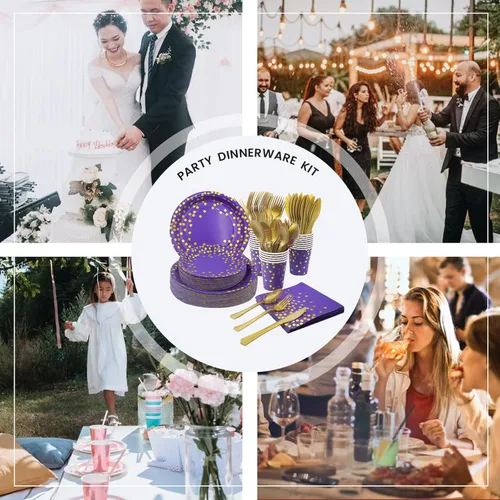 Miniatura 5 de AIRE 350 PCS Platos de Papel Morado Dorado Suministros de Fiesta para 50 Invitados Decoraciones de Fiesta Vajilla Desechable Platos de Papel Tazas