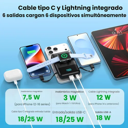 Miniatura 5 de Cargador portátil magnético para iPhone con cable incorporado, banco de energía inalámbrico de 10800mAh para Magsafe, esencial de viaje, paquete
