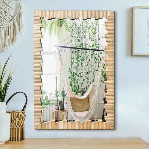 AMOISE Espejo de pared bohemio con marco de madera, 30 x 20 pulgadas, imitación ratán espejo de tocador decorativo para baño, sala de estar,