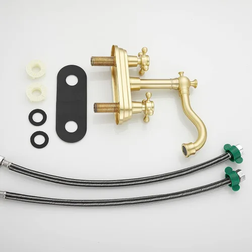 Miniatura 9 de Llave de baño GGStudy de oro cepillado, de 2 asas, de 4 pulgadas, llave central para baño con montaje de drenaje y manguera de suministro, llave