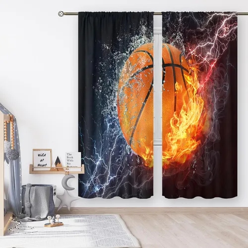 Miniatura 2 de Cortinas deportivas para niños de 29 pulgadas de ancho x 63 pulgadas de largo, bolsillo para barra, diseño abstracto de llamas, básquetbol