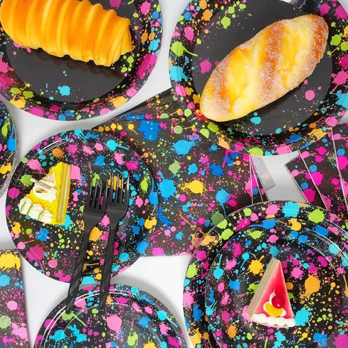 Miniatura 5 de Suministros de fiesta de neón para 24 invitados, juego de platos y servilletas de papel desechables de neón, vajilla brillante, decoración de fiesta