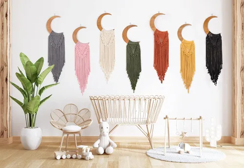 Miniatura 5 de ANROYE Macramé para colgar en la pared, decoración de luna bohemia, adorno de madera de media luna bohemia con borla larga, tapiz de madera único
