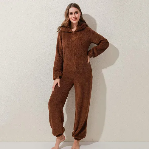 Miniatura 12 de Pijama de forro polar para mujer, mameluco cálido de sherpa, ropa de dormir de una pieza con cremallera y capucha