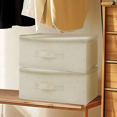 Miniatura 5 de Caja de almacenamiento de ropa de tela con tapa con cremallera, paquete de 3 organizadores de armario a prueba de polvo, cajas plegables para sala