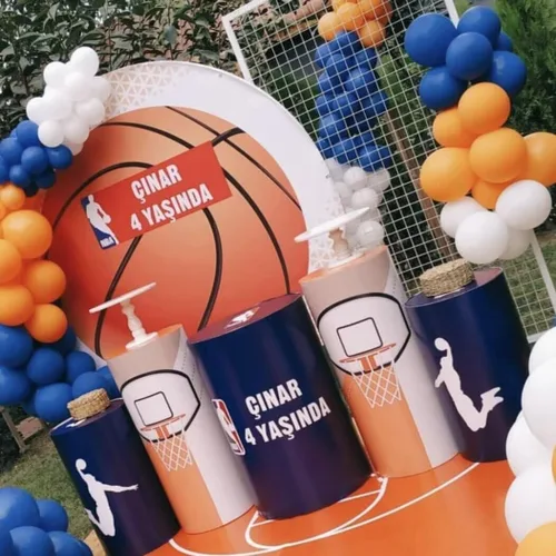 Miniatura 3 de Fundas de soporte de cilindro con temática de baloncesto para fiestas de cumpleaños de niños, cubierta de pedestal con patrón de cesta, decoración