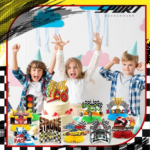 Miniatura 5 de 12 piezas temáticas de decoración de fiesta de cumpleaños de coche de carreras, centros de mesa 3D de doble cara para cabina de fotos, suministros