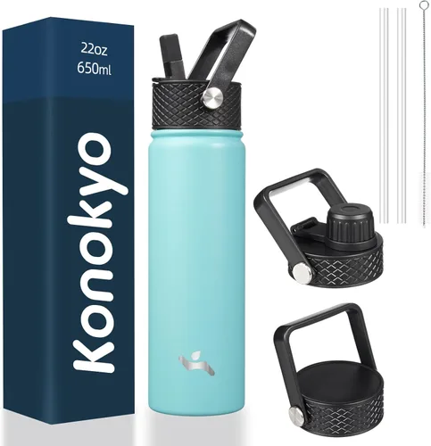 Miniatura 105 de Konokyo - Botella de agua aislada de 18 onzas, botellas deportivas de acero inoxidable con 3 tapas, verde militar