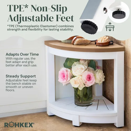 Miniatura 5 de ROHKEX Taburete de ducha esquinero impermeable, paquete de 1, blanco y marrón, taburete de afeitar estable para piernas, asiento de banco de ducha