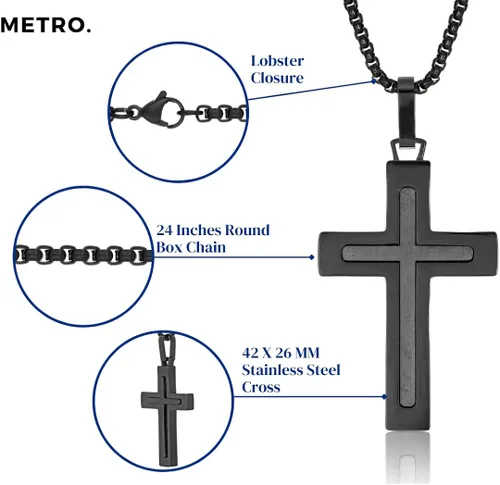 Miniatura 4 de Metro Jewelry Collar con colgante de cruz en capas para hombre en acero inoxidable con chapado en iones negros de 24 pulgadas cadena redonda