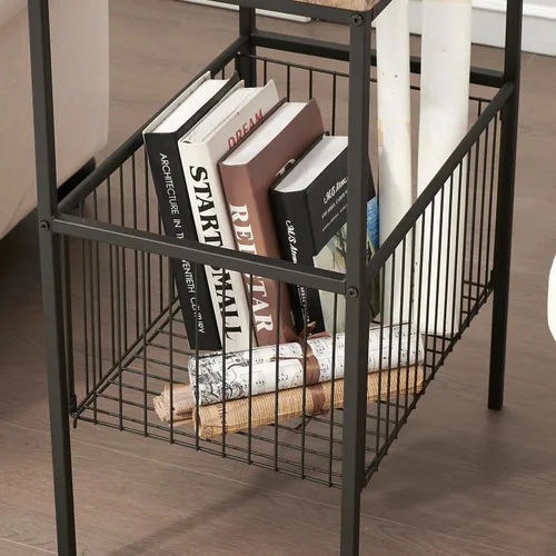 Miniatura 7 de VECELO Mesa auxiliar alta con cesta de metal, mesita de noche con estante organizador de almacenamiento, mesita de noche de madera con marco