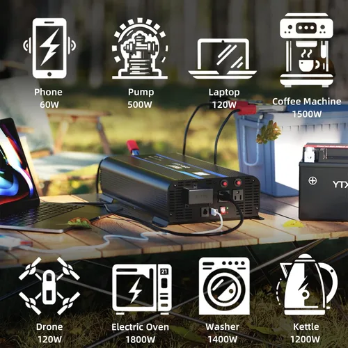 Miniatura 8 de Erayak Inversor de corriente de onda sinusoidal pura de 2000 W, 12 V CC a 110 V 120 V AC para el hogar, RV, camión, solar fuera de la red con USB-C