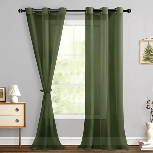 Miniatura 13 de Hiasan - Cortinas traslúcidas de gasa cortas semitransparentes con ojales y alzapaños filtrantes de luz para ventana, dormitorio, baño, 2 paneles
