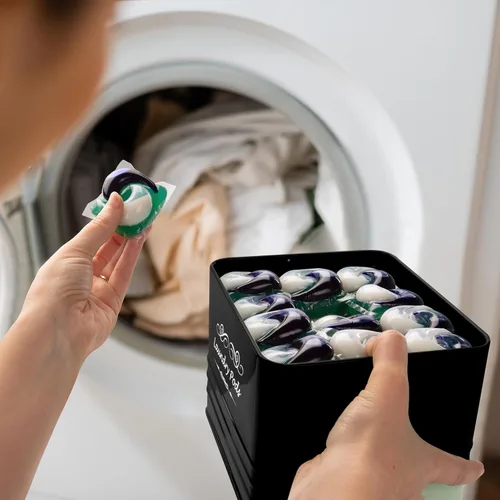 Miniatura 7 de ELITAPRO Contenedor moderno de granja para cápsulas de detergente - Porta cápsulas de metal con tapa para decoración y accesorios de lavandería