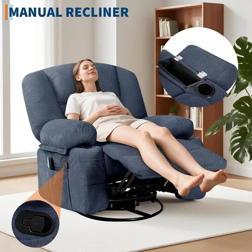 Miniatura 3 de Silla reclinable ancha de gran tamaño, masaje de calor y vibración, silla mecedora giratoria de 360° para adultos, silla reclinable manual de tela