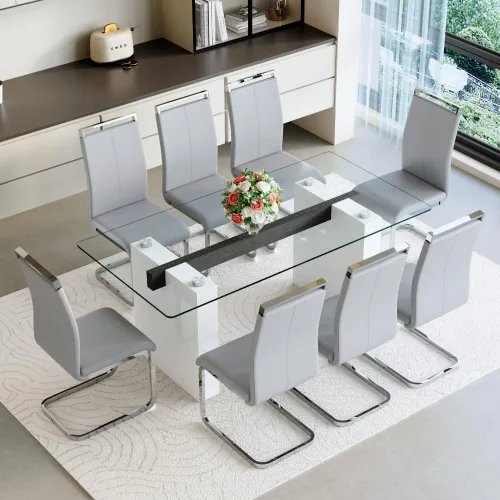 Miniatura 11 de FURNITO Mesa de comedor de vidrio de 71 pulgadas para 6 a 8,0,39 pulgadas de superficie de vidrio grueso con mesa de comedor de pedestal de MDF Mesa