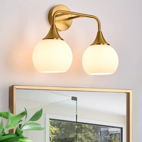 Lámparas doradas de baño con 2 luces de tocador con pantalla de vidrio blanco leche, luces de tocador para baño, aplique de pared moderno para baño