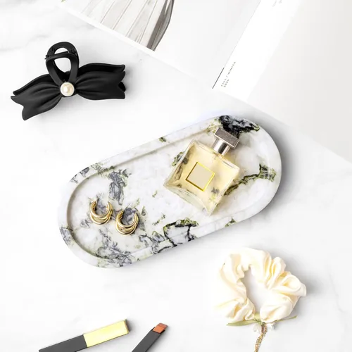 Miniatura 4 de Bandeja de tocador de mármol natural, bandejas de piedra ovaladas de lujo para joyas, perfume, velas, plato decorativo Calacatta Viola para baño