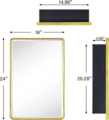 Miniatura 9 de TEHOME Gabinete de Medicina de Montaje en Superficie de 16x24 Pulgadas en Oro Cepillado para Baño con Espejo Gabinete de Medicina Cuadrado