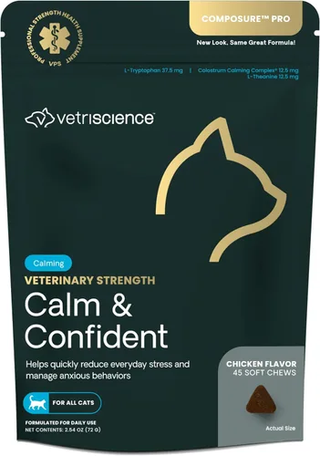 VetriScience Masticables de fuerza veterinaria calmados y seguros, suplemento de estrés para gatos, apoya la función cerebral para gatos, con