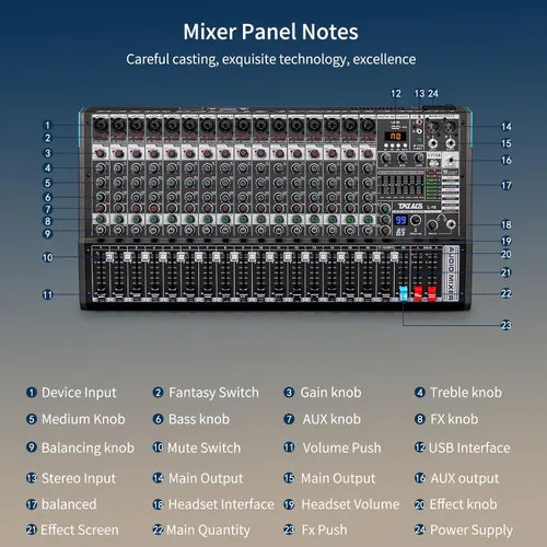 Miniatura 6 de Mezclador de audio, TKLBLS profesional de 16 canales, mesa de mezclas para DJ con DSP de 99 bits, consola de mezclas de sonido de 7 bandas de EQ