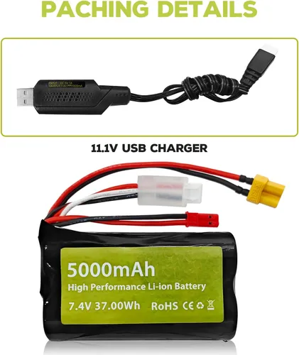 Miniatura 8 de sea jump Batería de iones de litio de 7.4V 5000mAh 2S con enchufe JST y enchufe XT30 con cable de carga USB adecuado para TX16S, TX18S, RC4GS