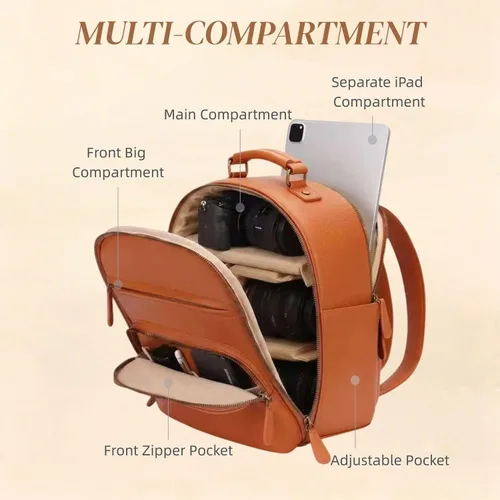 Miniatura 7 de Mochila pequeña para cámara, cuero PU clásico para DSLR, bolsa de cámara profesional para fotógrafos con compartimento para almohadilla/tableta