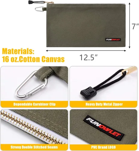 Miniatura 4 de FunOwlet Bolsa de herramientas de lona con cremallera, bolsa de herramientas resistente con mosquetón, organizador de almacenamiento multiusos