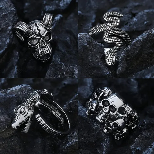 Miniatura 2 de ORAZIO Juego de 16 anillos abiertos góticos para hombres y mujeres, estilo punk, ajustable, serpiente y garra de dragón, anillos de animales