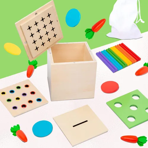 Kit de juego de madera Montessori 4 en 1 para niños de más de 1 año, juegos de cosecha de zanahorias, caja de monedas para bebés, juguetes de