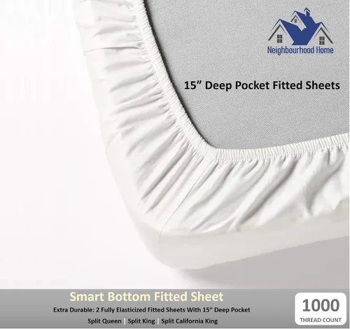 Miniatura 4 de Split California King - Juego de sábanas de algodón egipcio para cama ajustable de 15 pulgadas, bolsillo extra profundo de 1000 hilos, 1000 hilos