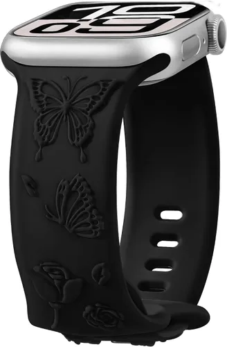 Melyis Correa deportiva de silicona suave grabada con diseño floral y mariposa compatible con Apple Watch de 1.575 pulgadas, 1.614 pulgadas, 1.496