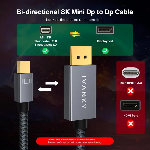 Miniatura 2 de IVANKY Cable Mini DisplayPort a DisplayPort de 8K de 6.6 pies, cable mini DP a DP bidireccional 8K a 60Hz, 4K @144Hz, 32.4Gbps HD
