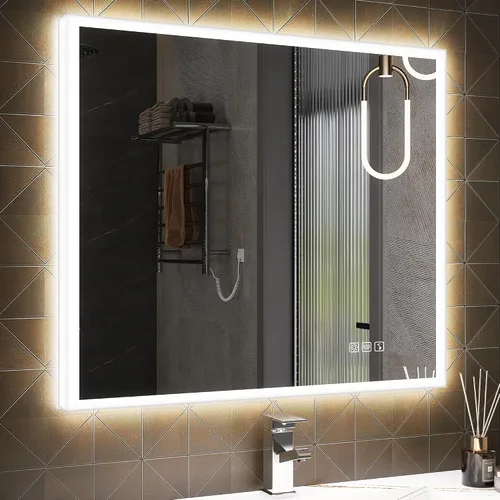 SBAGNO - Espejo de baño LED con luces, 32 x 28 pulgadas, borde 3D, espejo de pared con Bluetooth, antivaho, atenuación continua, 3 colores, espejo