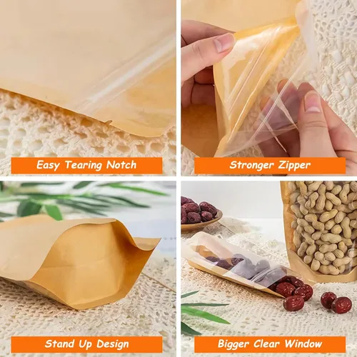 Miniatura 3 de 100 PCS Bolsas Verticales, Bolsas de Papel Kraft de 7 x 10 pulgadas para Alimentos con Ventana Transparente, Bolsas Reutilizables con Cremallera