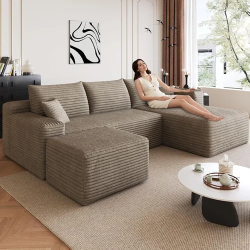 Miniatura 77 de Sofá modular de 95 pulgadas con otomana, moderno sofá nube de pana con asiento profundo, sofá sin hueso tapizado de 3 plazas en forma de U para sala