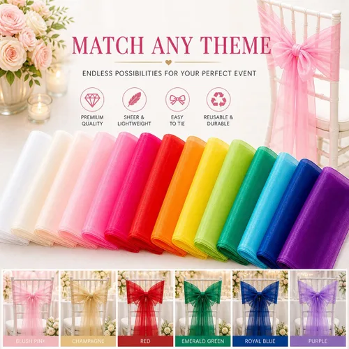 Miniatura 6 de Elegantes bandas de organza para silla, bandas de tela transparente para bodas, fiestas y eventos especiales, (paquete de 10 unidades, rosa bebé)